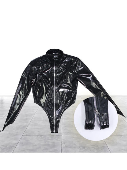 Shiny Faux PU Leather Zipper Open Crotch Bodysuit Wet Look PVC Catsuit Tight Sexy Body Teddies High Cut Swimsuit Leotard Unitard