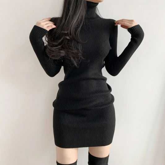 レディース 秋冬 タートルネック 暖かい ボディコン ワンピース 長袖 ニット 無地 オフィス プルオーバー セクシー ミニドレス 2025