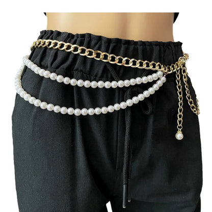 Y2K Designer belt Jewelry Multilayer Pearl waist chain for Women's Fashion Retro Character Playing Body Accessories Party Belts