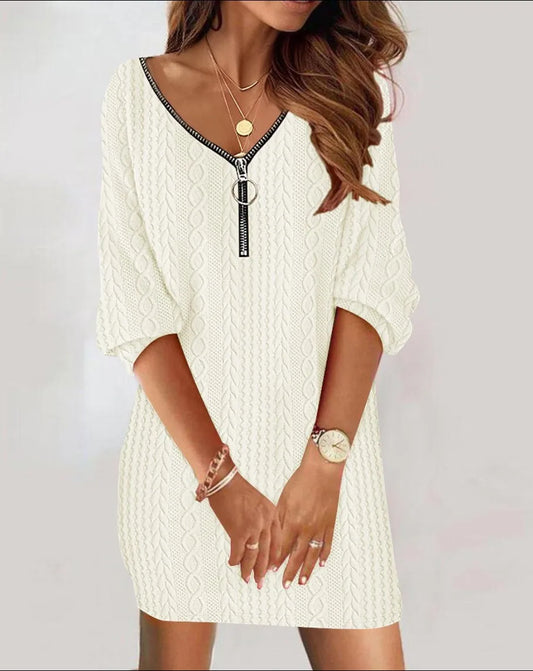 Plus size European and American cross-border  autumn and winter hot sale fashion solid color V-neck zipper half-sleeve dress