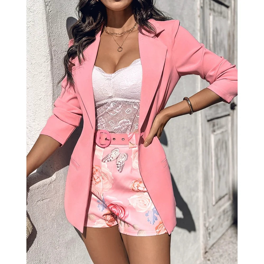 Summer Women 2 Pieces Outfit Long Sleeve Blazer and Floral Print Casual Shorts Set With Belt