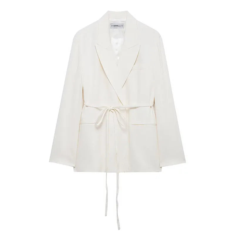 TRAFZA Women's Suits White Turn-Down Collar Long Sleeves Lace-Up Blazers+High Waist Zipper Long Pants Female Spring Fashion Sets