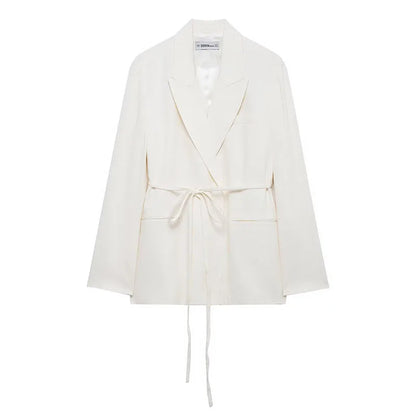 TRAFZA Women's Suits White Turn-Down Collar Long Sleeves Lace-Up Blazers+High Waist Zipper Long Pants Female Spring Fashion Sets