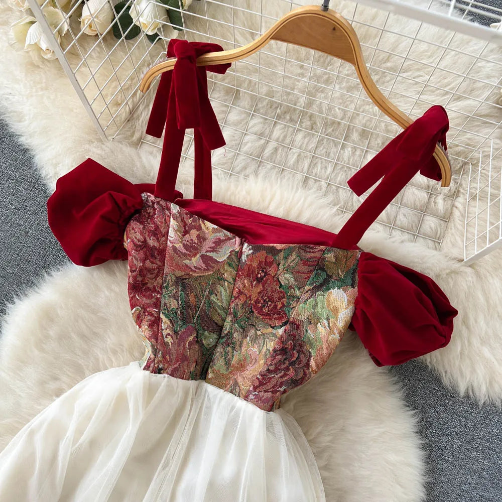 France Vintage Bow Mesh Wedding Runway Party Dresses Women Summer Fashion Elegant Strap Graduation Evening Vestidos Ladies Robe