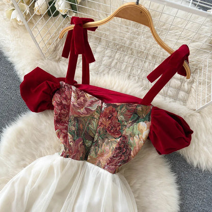 France Vintage Bow Mesh Wedding Runway Party Dresses Women Summer Fashion Elegant Strap Graduation Evening Vestidos Ladies Robe