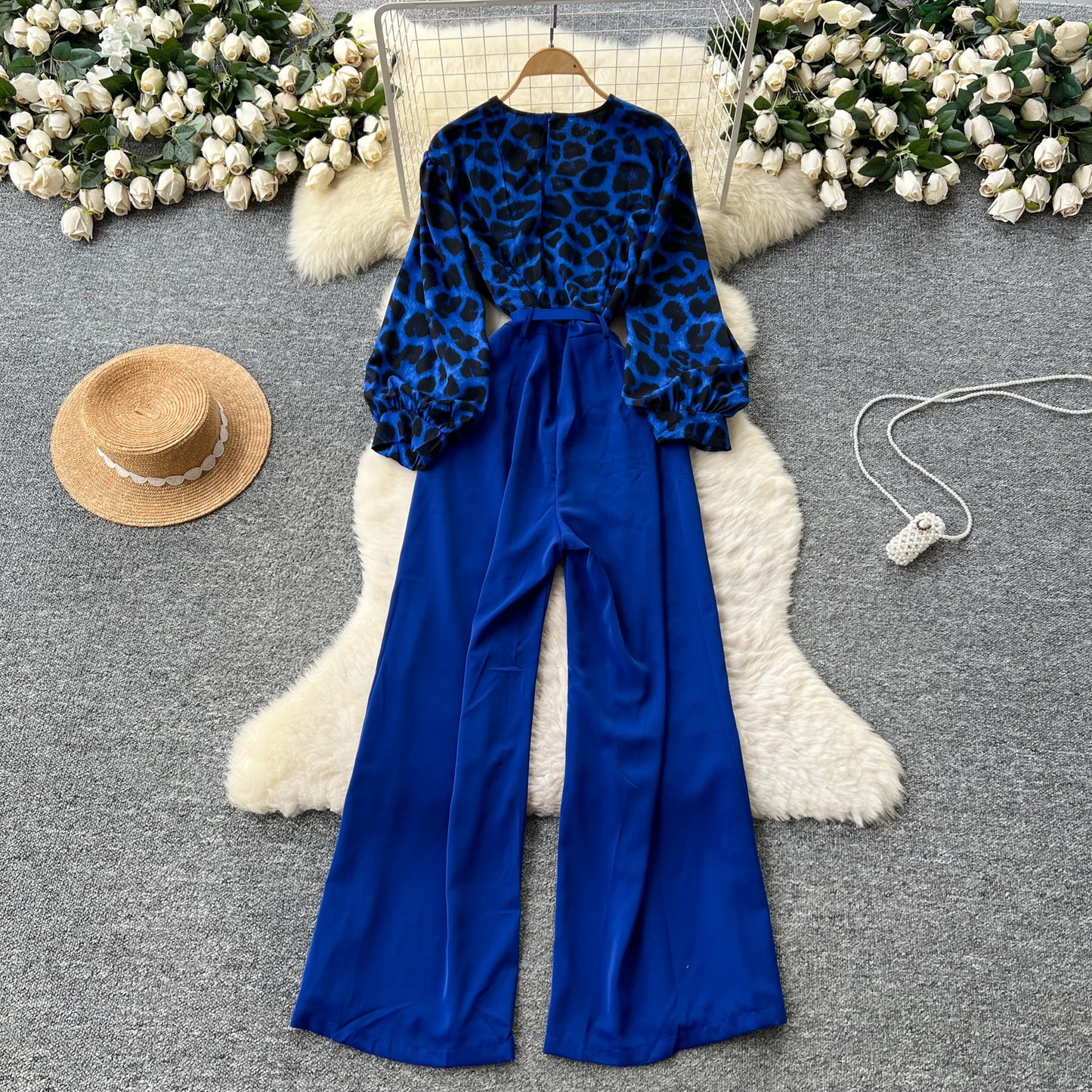 SINGREINY Autumn Leopard Long Jumpsuits V Neck Long Sleeves Belt Wide Legs Pants Women American Retro Senior Office Lady Rompers