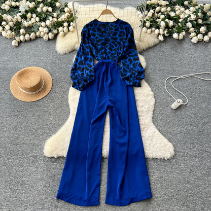 SINGREINY Autumn Leopard Long Jumpsuits V Neck Long Sleeves Belt Wide Legs Pants Women American Retro Senior Office Lady Rompers