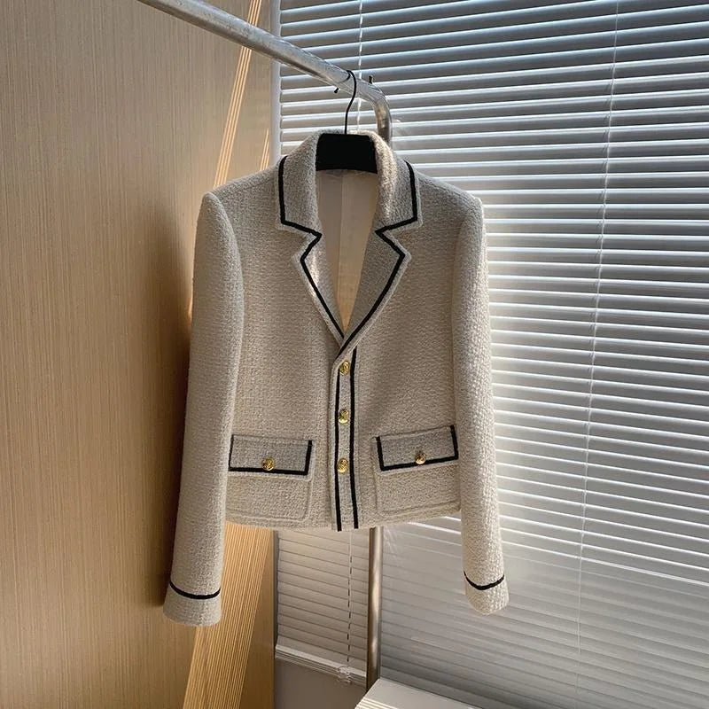 2024 French Light Luxury Celebrity Temperament Black and White Lapel Foreign Tweed Jacket Female Personality Advanced