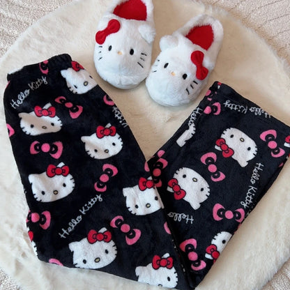 2024 New Sanrio Hello Kitty Kuromi Flannel Pajamas Warm Pants Female Winter Fleece Casual Homewear Pants Leisure Wear Girl Gift
