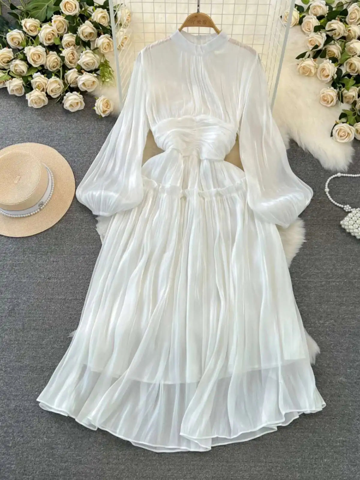 Elegant Long Sleeve Midi Party Dresses Women Summer Autumn Bright Faux Silk Retro Solid Evening Party Vestidos