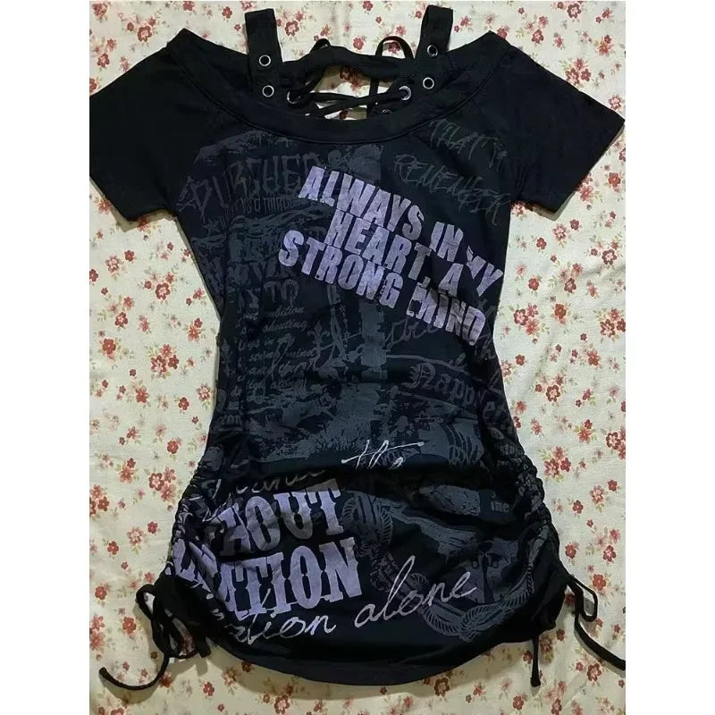 Vintage Clothes Women Print Sexy Punk Streetwear Slim Femme Tees Shirt Gothic Casual Grunge T Shirts 2000s Emo Y2k Crop Top