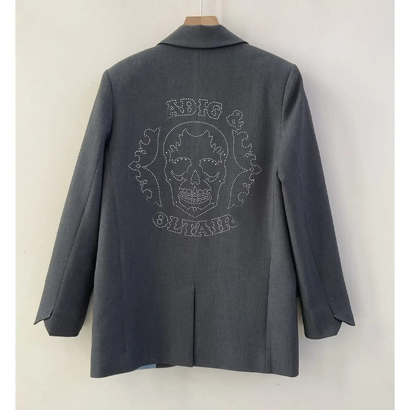 Grey Blazer Pant Sets Women Letter Skull Diamond Blazers Ladies Casual Gray Pants Zadig Female Suits Lapel Coats Trousers Suit