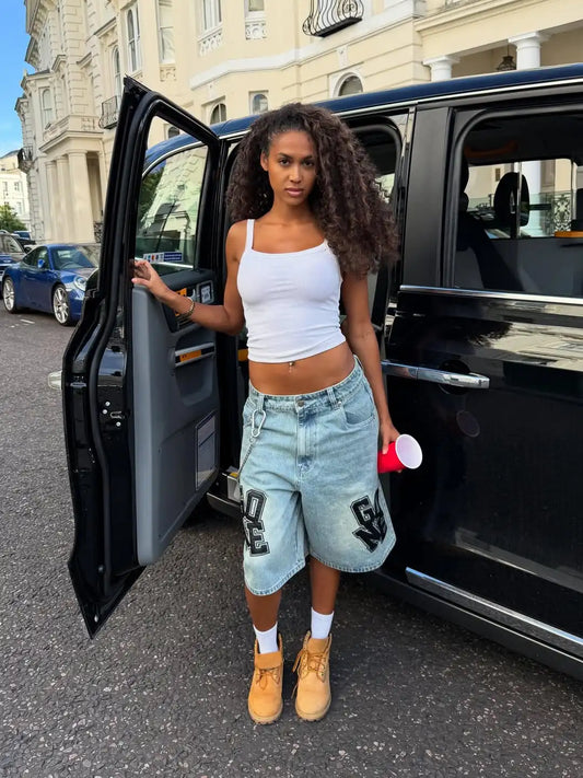 Y2K Letter Embroidered Jeans Shorts Men American Retro New Style Pants Trendy High Waist Wash Oversized Five-point Pants Women