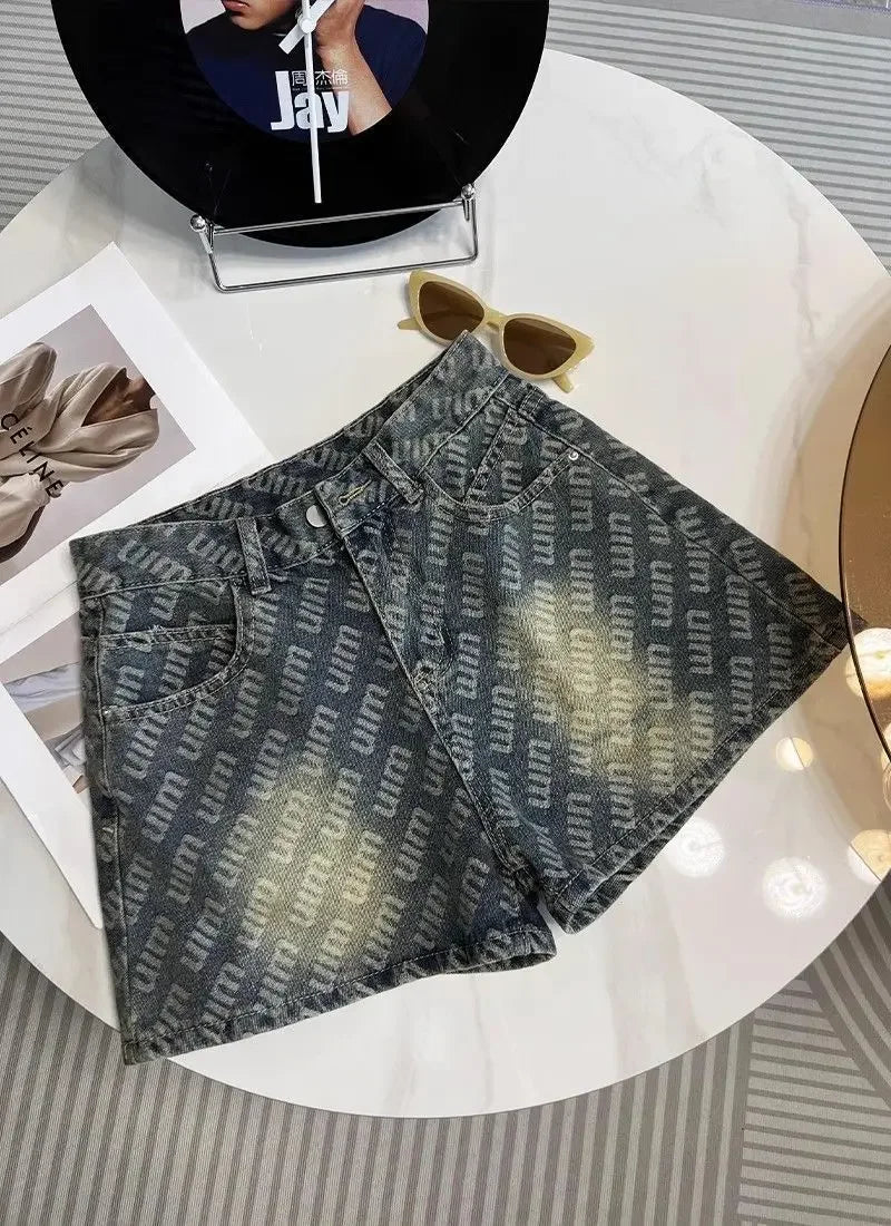 Letter Printed Denim Shorts  Women Design High Waist Loose Slimming Wide-leg A-line Hot Pants
