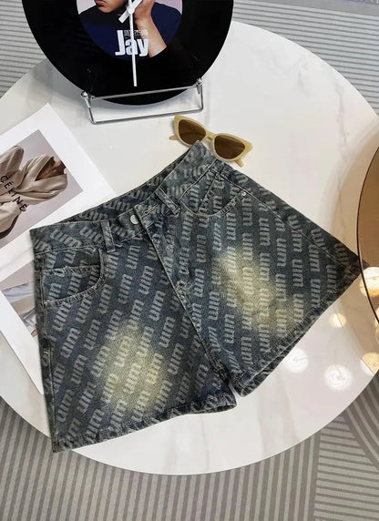 Letter Printed Denim Shorts  Women Design High Waist Loose Slimming Wide-leg A-line Hot Pants