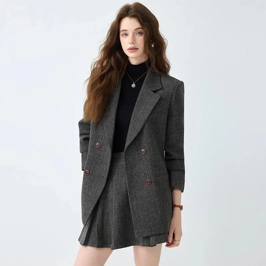 2025 Winter Women's Woolen Jacket and Short Skirt Two Pieces Matching Sets Office Lady Vintage Casual Suits Plus Size Outfit