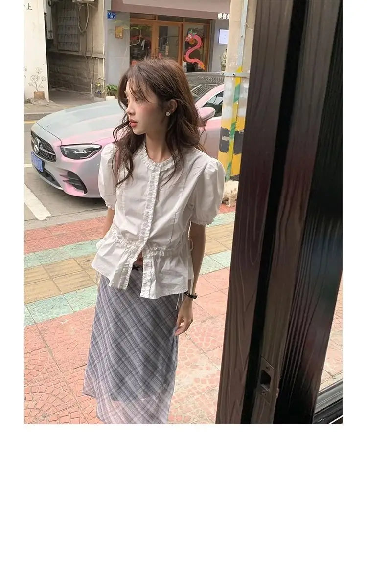 Women French Gentle Style Fungus Edges O-neck Puff Short-sleeved Shirts Summer Lace-up Bow Waist Slimming Single Breasted Blouse