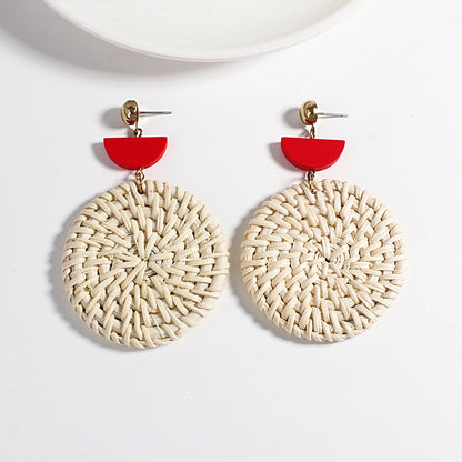 AENSOA Boho Handmade Geometric Wooden Rattan Braid Drop Earrings for Women Ethnic Bohemia Statement Earring Wholesale Jewelry