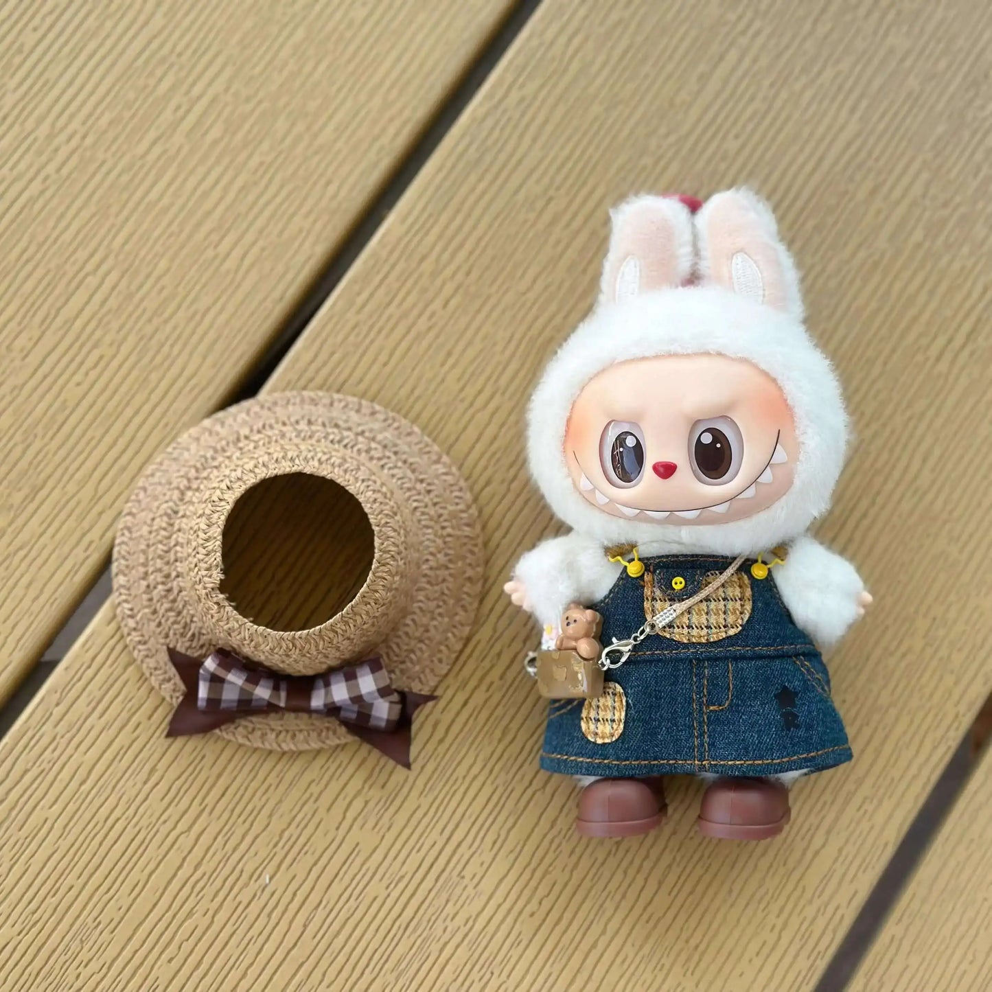 17cm Labubu Plush Doll Skirt- Adorable Skirt Set DIY Clothes Accessories Gift denim shoulder strap skirt Labubu straw hat skirt