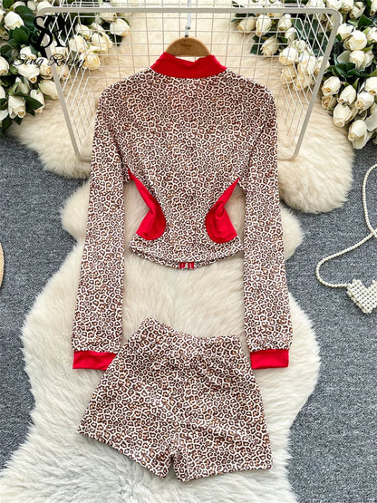 SINGREINY Sexy Leopard Two Piece Suits Female Stand Collar Zipper Slim Tops+Drawstring Mini Short 2025 Autumn Color Block Sets