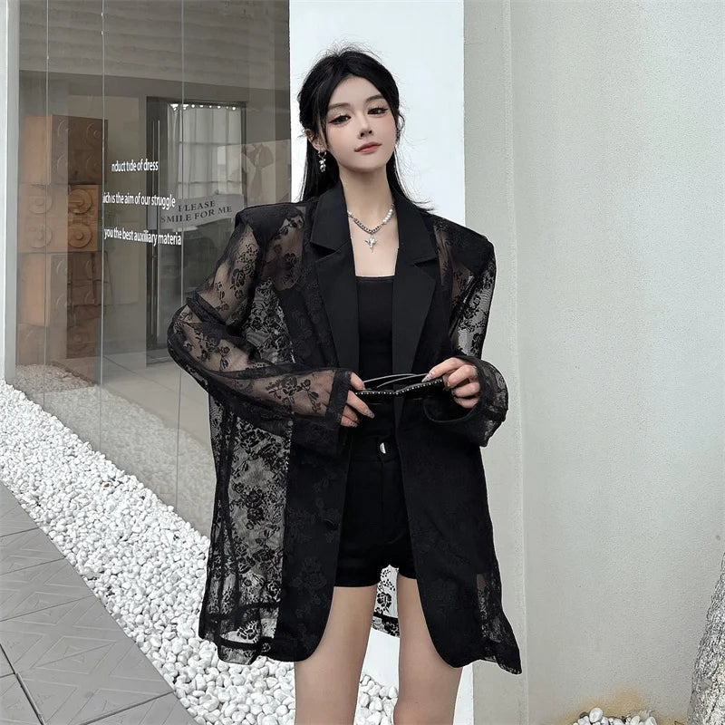 Women Clothing Summer Thin Jackets 2025 Ropa Mujer Patchwork Lace Temperament Coat Sexy Y2k Tops See Through Oversized Outwear