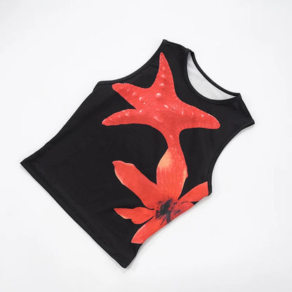 CUTENOVA Women'S Casual Street Starfish Flower Print Shorts Set Round Neck Sleeveless Crop Top + Low Waist Shorts Two-Piece Sets