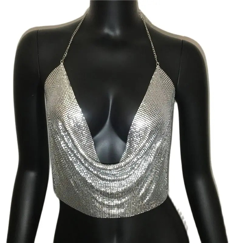 Glitter Metal Sequins Backless Camisole For Women Sexy Deep V Neck Halter Neck Sleeveless Tank Top Lady Nightclub Party Crop Top