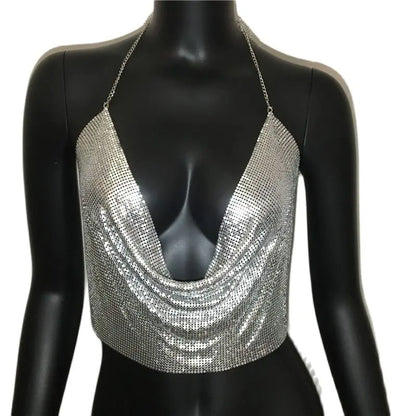 Glitter Metal Sequins Backless Camisole For Women Sexy Deep V Neck Halter Neck Sleeveless Tank Top Lady Nightclub Party Crop Top