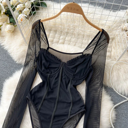 Women Sexy Mesh V Neck Slim Bodysuit Chic Long Sleeve Fashion Elastic Bodycone Jumpsuits Spring Autumn Hotsweet Gothic Playsuits