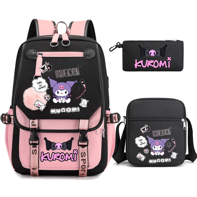 Kuromi Student Backpack 3pcs Cartoon Rucksack Girls School Bag High Capacity Women Backpack Female Cute Leisure Travel Mochilas