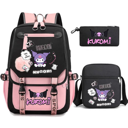 Kuromi Student Backpack 3pcs Cartoon Rucksack Girls School Bag High Capacity Women Backpack Female Cute Leisure Travel Mochilas
