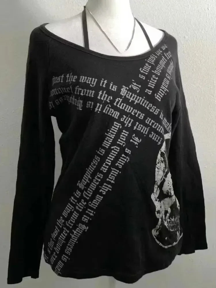 Vintage Clothes Women Print Sexy Punk Streetwear Slim Femme Tees Shirt Gothic Casual Grunge T Shirts 2000s Emo Y2k Crop Top