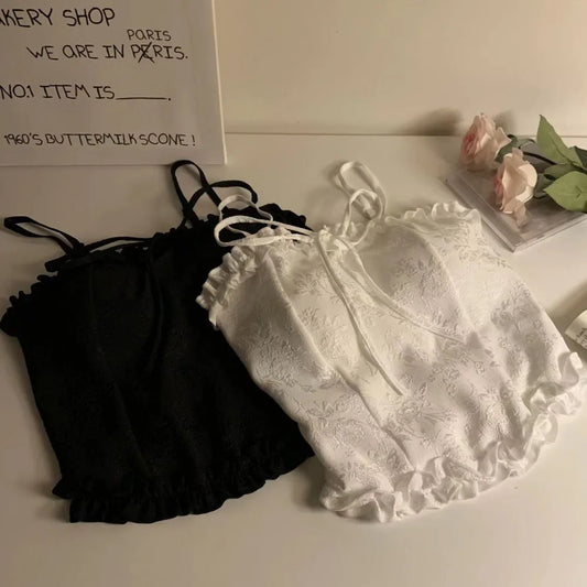 Lace Bow Camisole Vest New Plain Glamorous Sexy Tank Top Double-strap Lace Pleated Suspenders Women