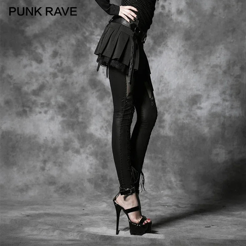 PUNK RAVE レディース セクシーで伸縮性抜群のフロッキングレースレギンス ゴシックレトロ ブラックパッチワーク スリムロングパンツ パンクロックファッション