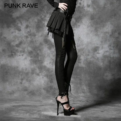 PUNK RAVE レディース セクシーで伸縮性抜群のフロッキングレースレギンス ゴシックレトロ ブラックパッチワーク スリムロングパンツ パンクロックファッション