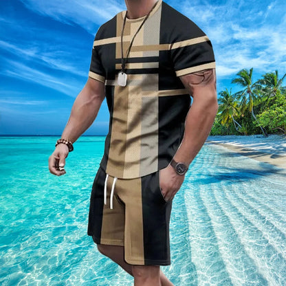 Men Patchwork 3d Printing Short Sleeve Shorts Suit Summer Outdoor Sportswear Casual Fashion Sets Sweat Absorbent and Comfortable