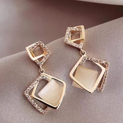 925 Silver Needle Korean Fashion Rhombus Drop Earrings For Women Jewelry 2025 Trending Luxury Crystal Cat's Eye Stone Earrings