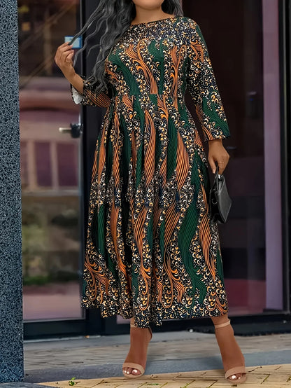 Plus size dress 1XL-5XL African tribal nationality printed large round neck long sleeve A-line skirt elegant fashion holiday