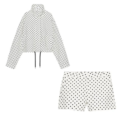 Polka Dot Print Shorts Coats Suits Women Loose High Neck Long Sleeves Zipper Drawstring Sets Female 2025 Autumn New Chic Set