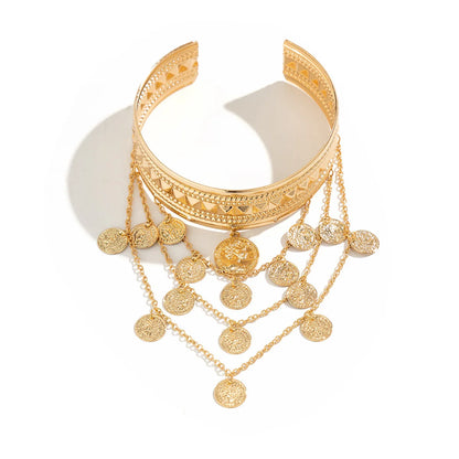 New Trendy Golden Metal Coin Leaf Chain Tassel Upper Arm Bangles Cuff Bracelet Armlet Armband Men Women Jewelry Accessories