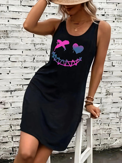 Women's summer loose, comfortable, casual, fashionable cat pattern printed black sleeveless vest skirt punk style dress