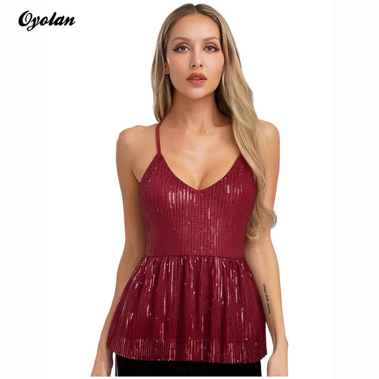 Women Sequin Tank Top Sparkling Slim Fit Blouse V Neck Cross Spaghetti Straps Open Back Ruffle Hem Vest Sparkle Slim Fit Cami