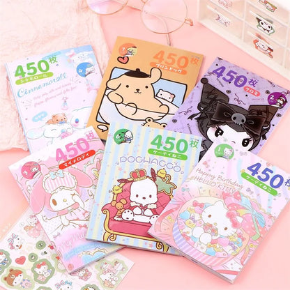 450Pcs/Book Sanrio Stickers Melody Cartoon Kuromi Hello Kitty Cinnamoroll Hand Acount Decorative Sticker Girls Gift Kids Toys