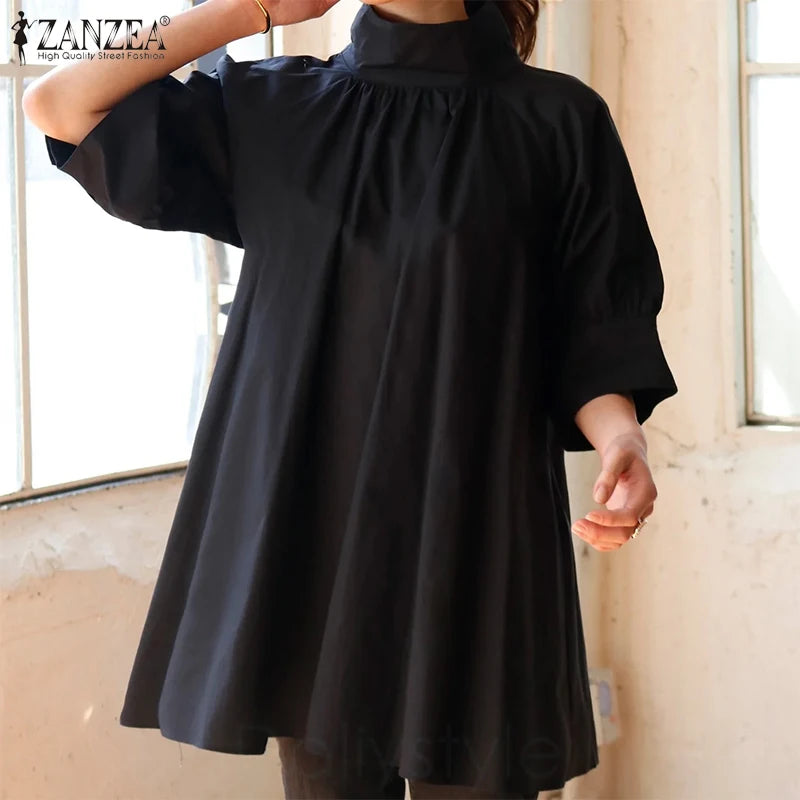 ZANZEA Elegant Women High Collar Half Sleeve Blouse Summer Casual Loose Shirt Fashion Work OL Tops Female Party Blusas Chemise