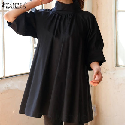 ZANZEA Elegant Women High Collar Half Sleeve Blouse Summer Casual Loose Shirt Fashion Work OL Tops Female Party Blusas Chemise
