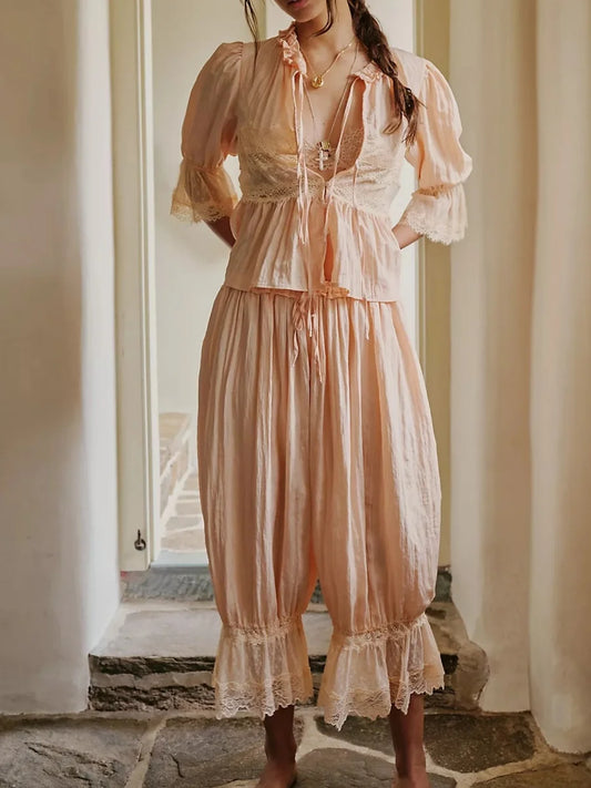 Women Y2k Vintage Lace Bloomer Pants Sets 2 Piece Lacey Babydoll Tank Top Long Bloomers Cropped Pants Suit Outfits Matching Sets