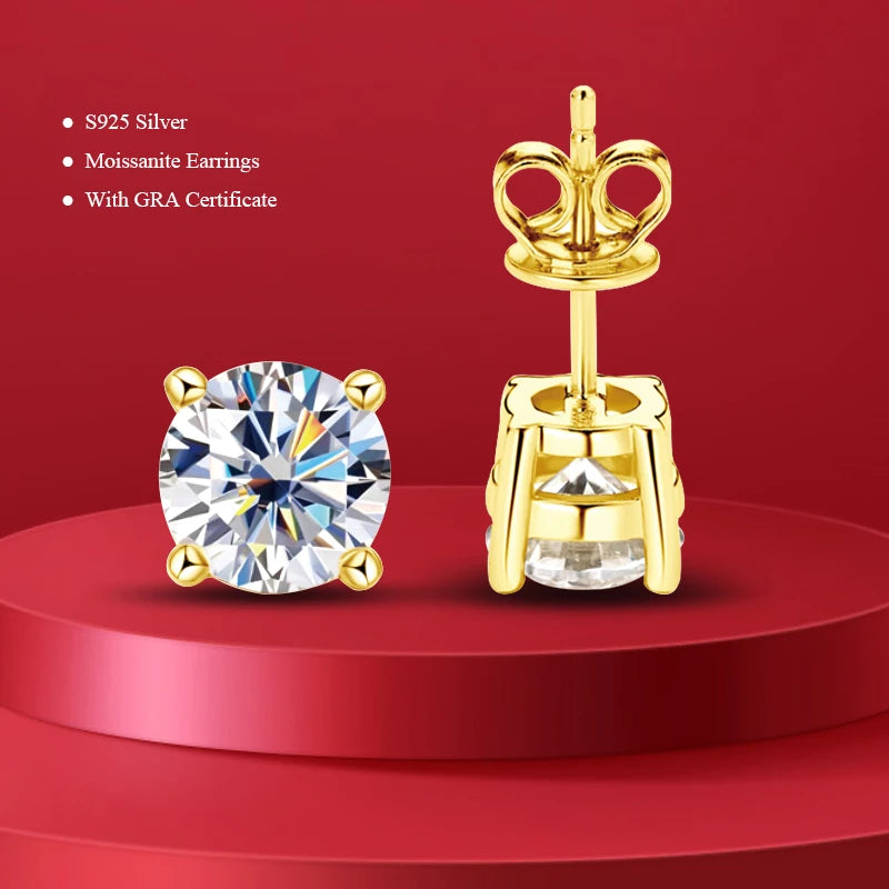 D Color Certified 0.1ct-2ct GRA Moissanite Stud Earrings Lab Created Diamond 925 Sterling Silver Gold Plated Wedding Jewelry