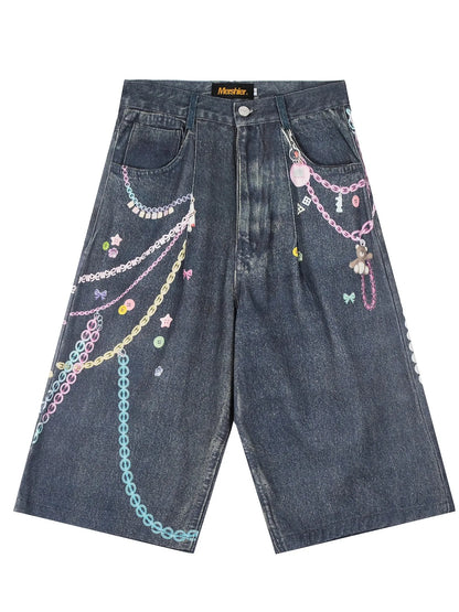 Chain Print Blue Jeans orts Men's Summer Loose Straight Leg Seven-Foot Pants Casual High Waist Corduroy Youth Faion