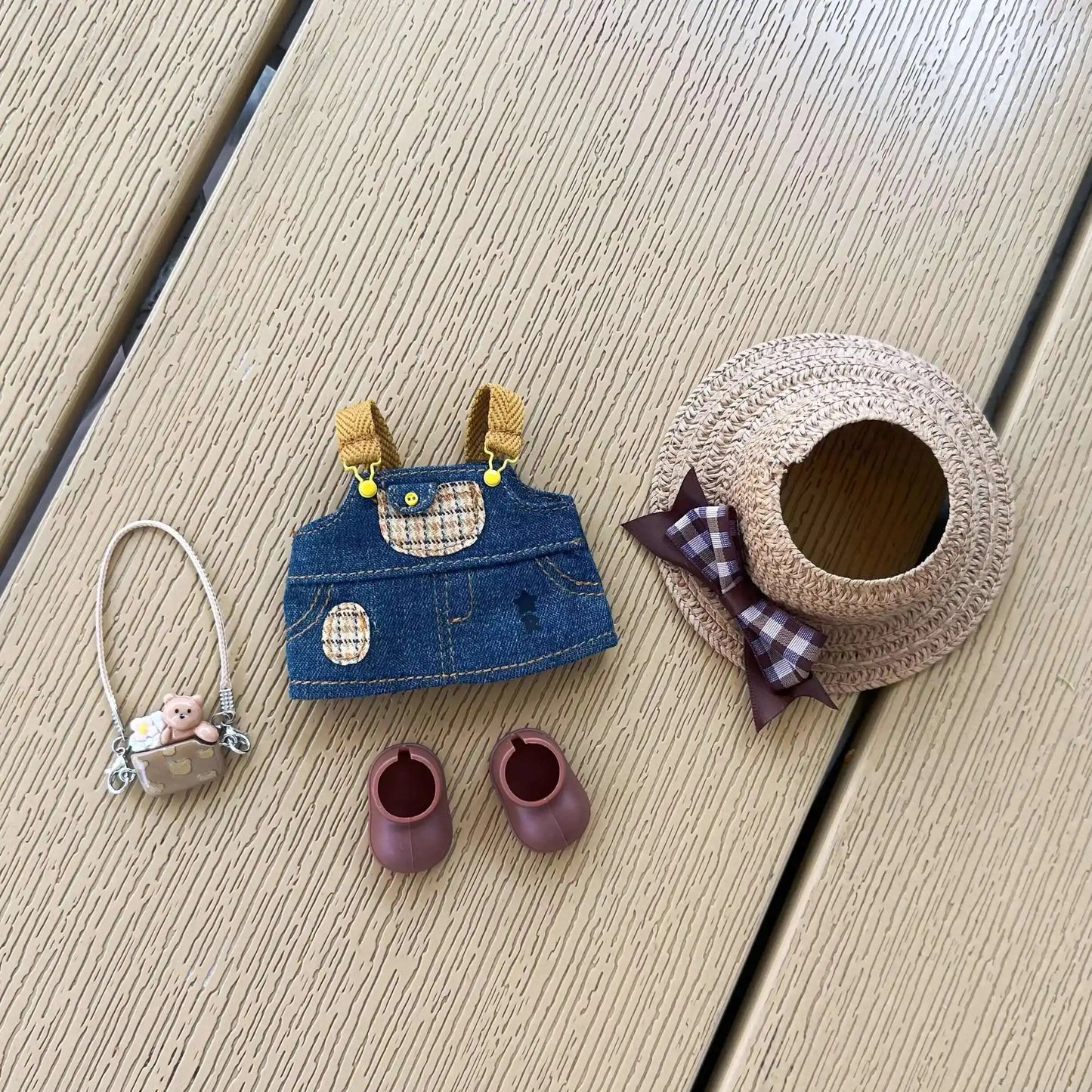 17cm Labubu Plush Doll Skirt- Adorable Skirt Set DIY Clothes Accessories Gift denim shoulder strap skirt Labubu straw hat skirt