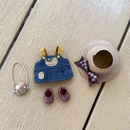 17cm Labubu Plush Doll Skirt- Adorable Skirt Set DIY Clothes Accessories Gift denim shoulder strap skirt Labubu straw hat skirt